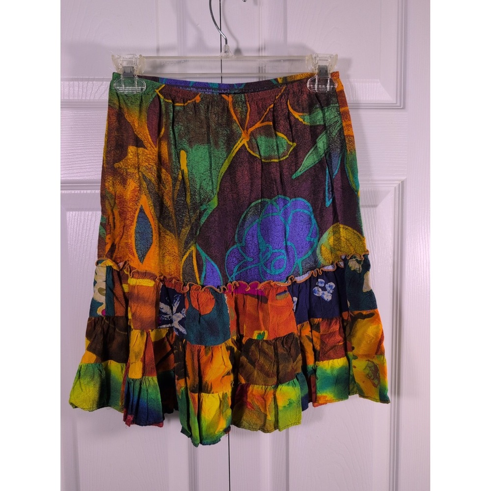 Vintage Jams World Rose Path Skirt Womens Ruffle Hem Small Vibrant Colorful
